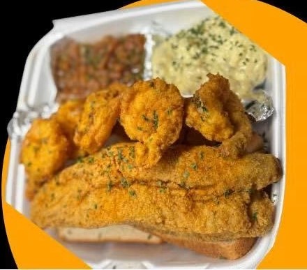 Catering spread of fried seafood baskets